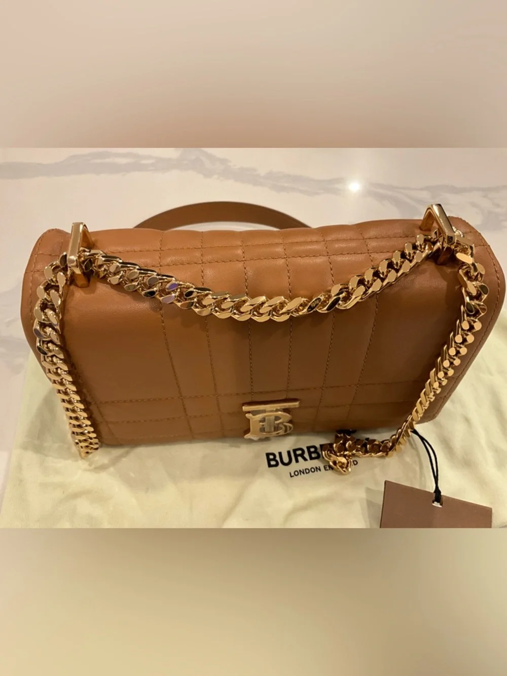 Burberry Small Lola Quilted Leather Bag Maple Brown Gold Chain NWT - Picture 15 of 15